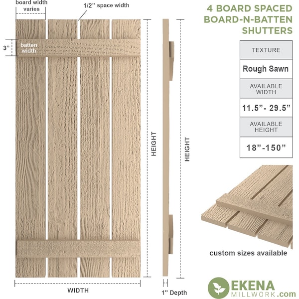 Rustic Four Board Spaced Board-n-Batten Rough Sawn Faux Wood Shutters, 23 1/2W X 34H